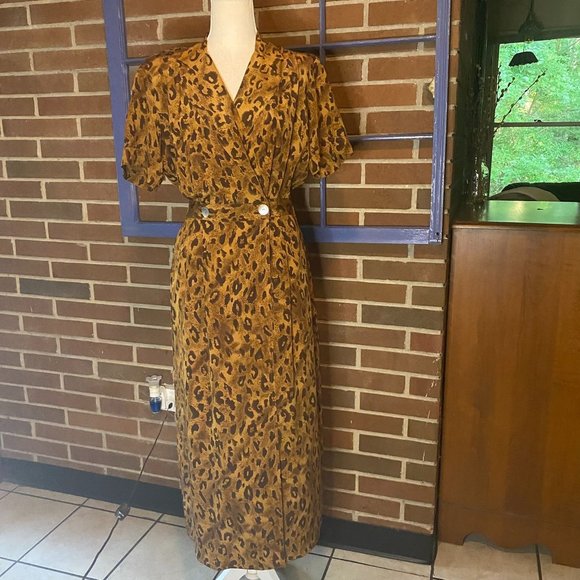 Stunning Vintage 70s Cheetah Print Dress 100% Silk by Robbie Bee - Picture 1 of 11